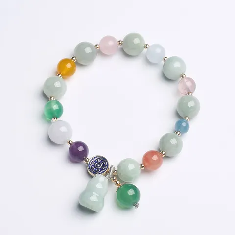 Natural Multicolor Gemstone Beaded Bracelet With Grade A Emerald Gourd 14K Gold Filled Enamel Flower For Women Jewelry