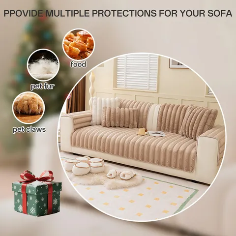 Thickened Striped Plush Sofa Cover Non-Slip Imitation Camel Hair Furniture Protector Sofa Cushion Blanket For Living Room Home Decor