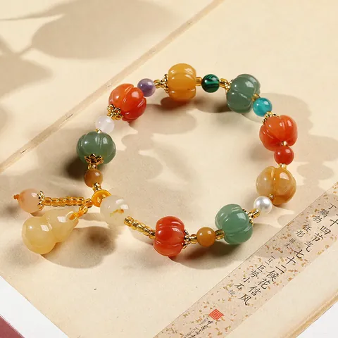 Vintage Natural Jin Si Jade Pumpkin Bead Bracelet For Women With Calabash PiXiu Pendant Ethnic Style Auspicious Jewelry Gift