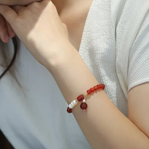 Natural Red Agate Freshwater Pearl Bracelet For Women Vintage Ethnic Hand Woven Beaded Hand Chain With Gold Filled Accessories