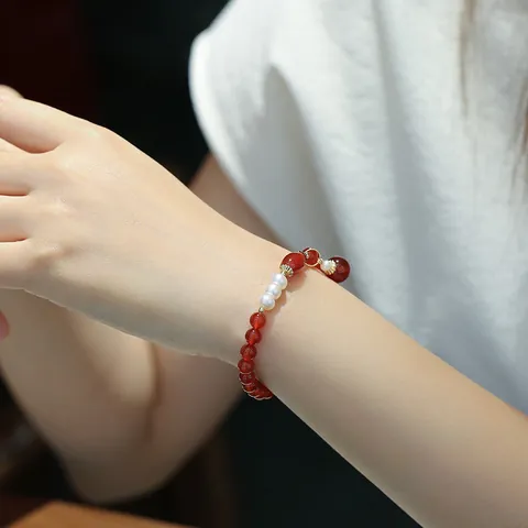 Natural Red Agate Freshwater Pearl Bracelet For Women Vintage Ethnic Hand Woven Beaded Hand Chain With Gold Filled Accessories