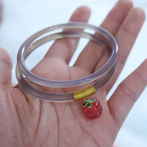 Natural Chalcedony Agate Bangle Bracelet For Women Retro Minimalist Thin Round Stone Bracelet With Lucky Persimmon Lotus Charm Jewelry