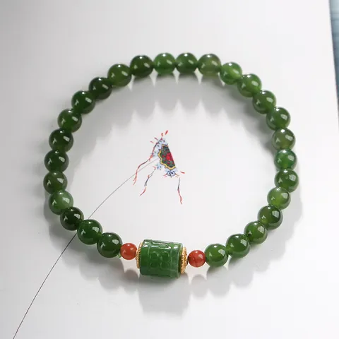 Bracciale Vintage in Perle di Diaspro Naturale Argento Sterling 925 Placcato Oro Agata Ciondolo Portafortuna Donna