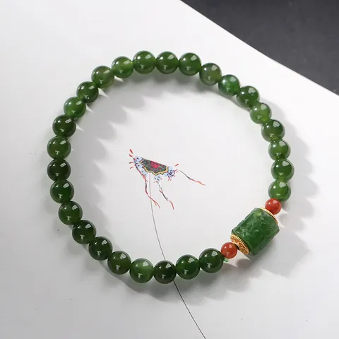 Bracciale Vintage in Perle di Diaspro Naturale Argento Sterling 925 Placcato Oro Agata Ciondolo Portafortuna Donna
