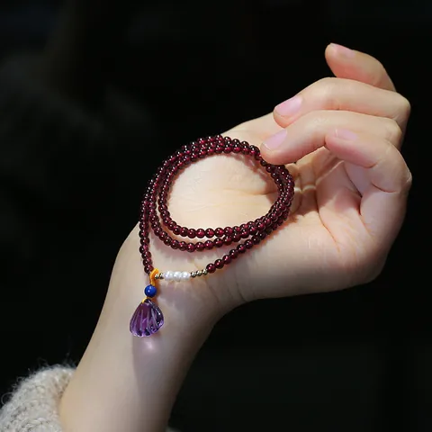 Natural Garnet Amethyst Shell Three-Strand Beaded Bracelet For Women Ethnic Style Handmade Freshwater Pearl 14K Gold Filled Jewelry