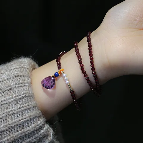 Natural Garnet Amethyst Shell Three-Strand Beaded Bracelet For Women Ethnic Style Handmade Freshwater Pearl 14K Gold Filled Jewelry