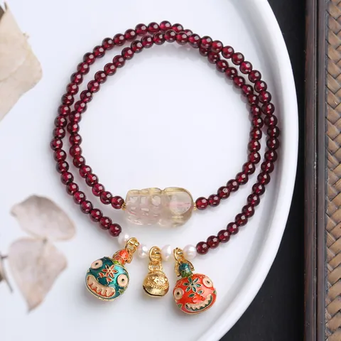 Pulsera de Cuentas de Granate Púrpura Natural Con PiXiu de Cobre Chapado en Oro Cuarzo Rutilado Campana de Esmalte Joyería Mujer