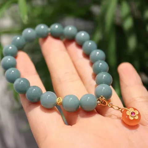Natural Blue Water Jadeite Yanyuan Agate Plum Flower Safety Buckle Bracelet With Gold Plated 925 Sterling Silver For Women Ethnic Vintage Jewelry