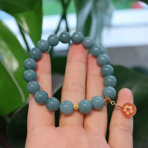 Natural Blue Water Jadeite Yanyuan Agate Plum Flower Safety Buckle Bracelet With Gold Plated 925 Sterling Silver For Women Ethnic Vintage Jewelry