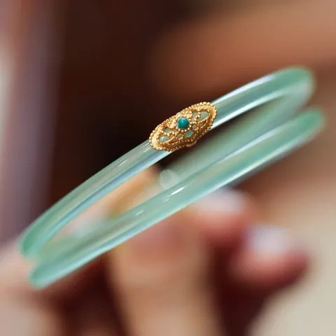 Brazalete de Calcedonia de Estilo Chino Vintage Plata de Ley 925 Chapada en Oro Turquesa Ruyi Campana Pulsera Para Mujer