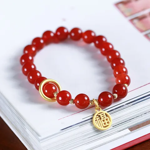 Natural Red Agate Beaded Bracelet For Women Vintage Gold Plated Alloy Fu Charm Lotus Lantern Pendant Chinese Ethnic Jewelry