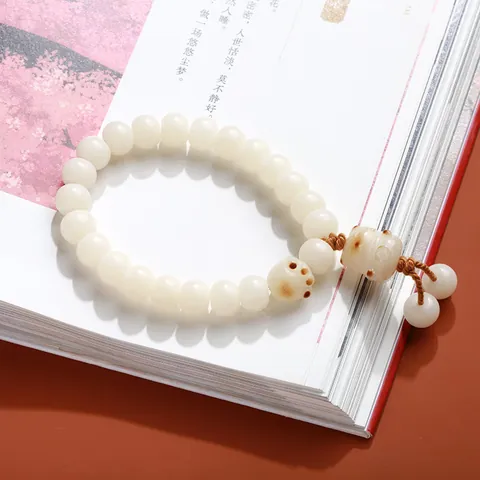 Handmade Charred Cat Paw White Jade Bodhi Root Beaded Bracelet For Women Cute Maneki-neko Fortune Cat Healing Style Jewelry