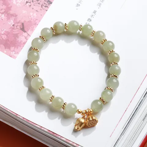 Natural Hetian Jade Beaded Bracelet With 925 Sterling Silver Gold Plated Lotus Pendant Vintage Ethnic Jewelry For Women