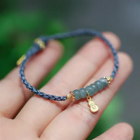 Handgefertigtes Geflochtenes Seilarmband Natürlicher Jadeit Rutilquarz 925 Sterlingsilber Kalebasse Anhänger Ethno Vintage Schmuck