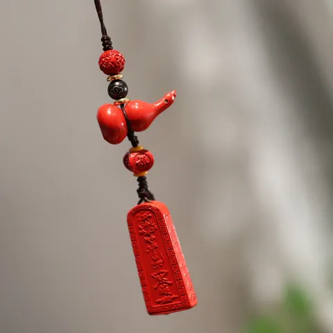 Ornement Suspendu pour Voiture en Cinabre Forme de Calebasse Style Chinois Perles en Bois de Santal et Imitation Cire d'Abeille Pendentif Tissé à la Main