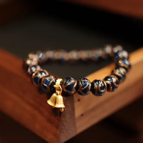 Handmade Glaze Beaded Bracelet Vintage Ethnic Style Multicolor Beads Gold Plated Copper Bell Charm Lucky Bracelet For Women Jewelry