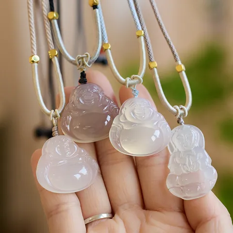 Natural Chalcedony Agate Pendant Necklace Retro Chinese Style Lotus Buddha Peace Buckle Adjustable Woven Rope Chain Jewelry Women