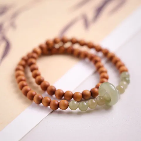 Natural Sandalwood Nephrite Jade Double Loop Bracelet Vintage Chinese Zen Style Handmade Wood Bead Bracelet For Unisex