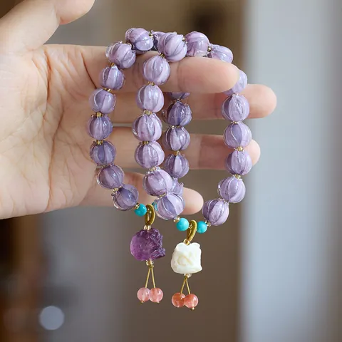 Vintage Chinese Style Glazed Glass Beaded Bracelet With Lotus Lion Dance Pendant Natural Fluorite Bracelet For Women Jewelry