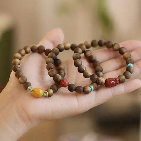 Bracciale di Perline in Legno di Agar Kynam di Hainan Naturale Con Agata Turchese Ambra Giada Stile Cinese Gioielli Meditazione Vintage