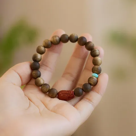Bracciale di Perline in Legno di Agar Kynam di Hainan Naturale Con Agata Turchese Ambra Giada Stile Cinese Gioielli Meditazione Vintage