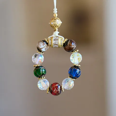 Vintage Chinesischer Stil Lampenarbeit Glas Hängender Anhänger Bunte Perlen Ring Anhänger Für Handy Auto Tasche Handgemachter Schmuck