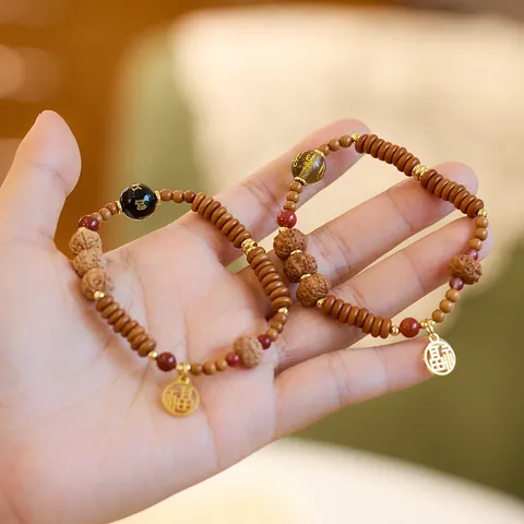 Pulsera de Rudraksha Hueso de Oliva Ágata Roja del Sur Cobre Chapado en Oro Cuarzo Ahumado Amuleto Fu Pulsera de Abalorios Mujer Hombre