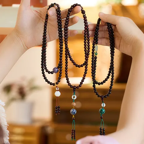 Natural Indian Small Leaf Red Sandalwood 108 Prayer Beads Bracelet Necklace Lacquer Beads Lotus Buddha Pendant Zen Jewelry