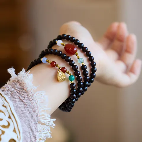 Natural Indian Small Leaf Red Sandalwood 108 Prayer Beads Bracelet Necklace Lacquer Beads Lotus Buddha Pendant Zen Jewelry