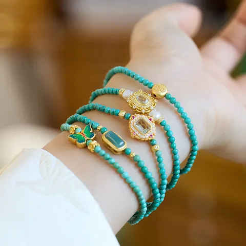 Natuurlijke Hubei Turkoois Kralen Armband 925 Sterling Zilver Verguld Ingelegd Blauw Water Jadeïet Vlinder Charm Vintage Dames Sieraden