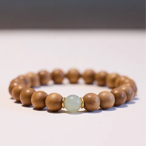 Bracciale di Perline di Preghiera Buddista in Legno di Sandalo Vecchio Naturale e Giada Hetian Con Distanziatori in Argento Placcato Oro Gioielli Zen
