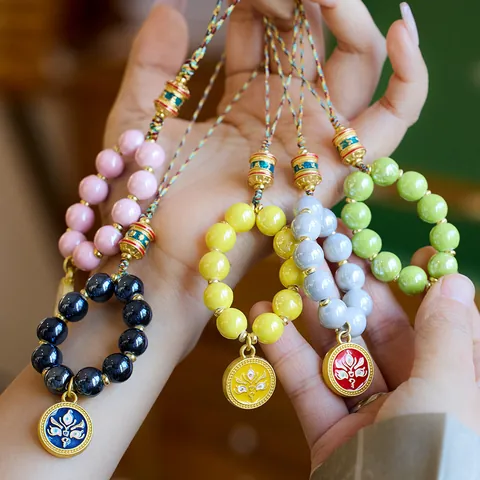 Incense Ash Porcelain Phone Chain Ancient Gold Five Wealth Gods Pendant Ethnic Vintage Key Chain Bag Charm Accessory