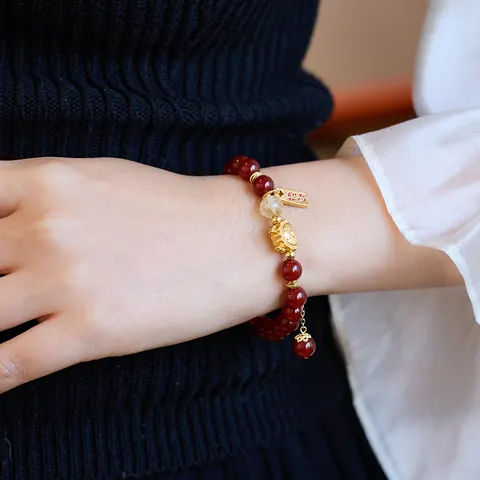 Natural Red Agate Beaded Bracelet Gold Plated Copper Dragon Flower Charm Lucky Bracelet For Women Retro Jewelry Gift