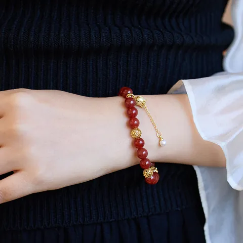 Natural Red Agate Beaded Bracelet Gold Plated Copper Dragon Flower Charm Lucky Bracelet For Women Retro Jewelry Gift