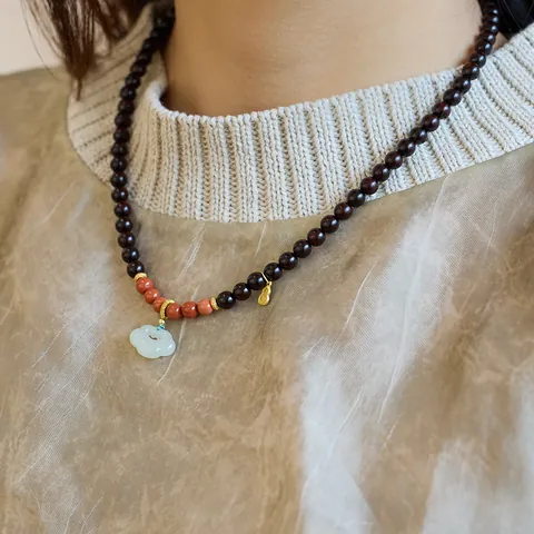 Vintage Red Sandalwood Necklace With Nephrite Jade Ruyi Lock Pendant Nan Hong Agate Beads For Women Chinese Style Jewelry