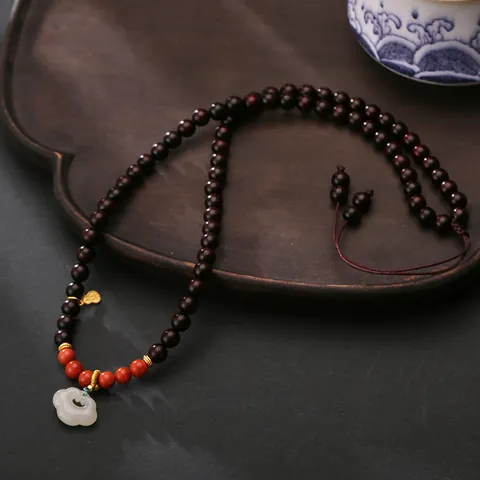 Vintage Red Sandalwood Necklace With Nephrite Jade Ruyi Lock Pendant Nan Hong Agate Beads For Women Chinese Style Jewelry
