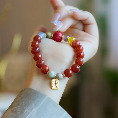 Bracelet Vintage en Agate Naturelle Écailles de Dragon Avec Pendentif Queue de Dragon et Poisson en Cinabre et Bois de Santal Bijoux en Cuivre Plaqué Or pour Hommes Femmes