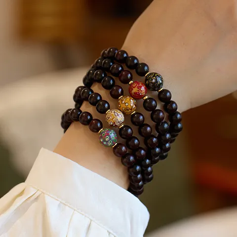 Natural Sandalwood Beaded Bracelet With Chinese Heritage Lacquer Beads Vintage Ethnic Style Meditation Zen Jewelry