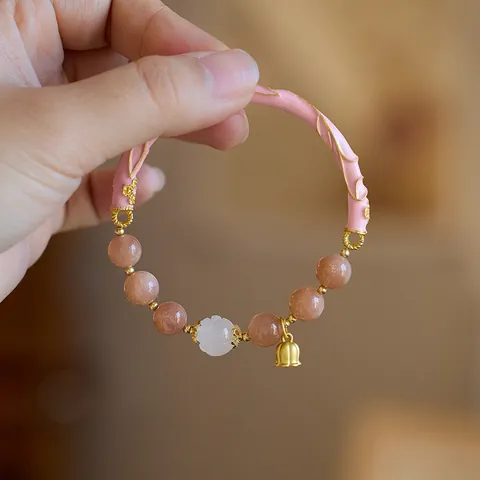 Natural Sunstone Beaded Bracelet With Enamel Lily Of The Valley Flower Golden Silk Jade Lotus Bangle For Women Vintage Chinese Style Jewelry Gift