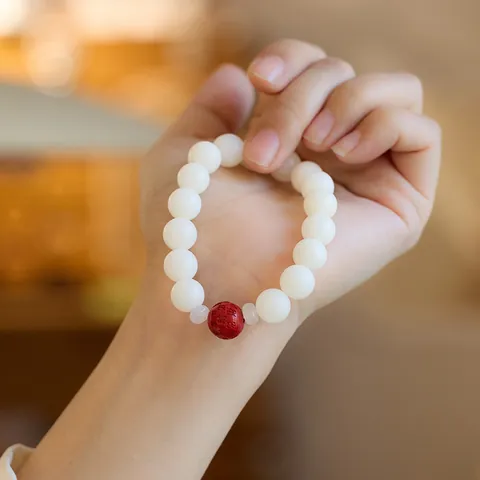 Natural White Jade Bodhi Seed Bracelet With Cinnabar Beads Chinese Style Zen Prayer Beaded Bracelet For Women Jewelry Gift