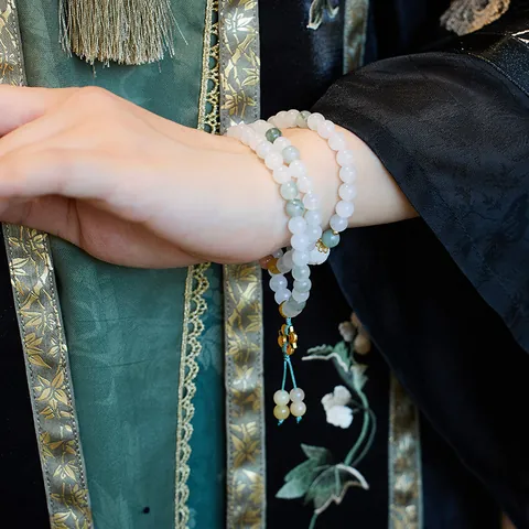 Natural Stone 108 Beaded Bracelet Multi-layer Tianshan Jade Hand String With Tassel Cat Pendant For Women Jewelry Gift