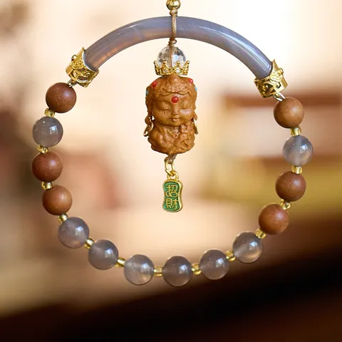 Ornamento da Appendere per Auto in Legno di Sandalo Zen Cinese Tradizionale Agata Viola Fumo Tara Buddha Amuleto della Ricchezza Pendente a Mano