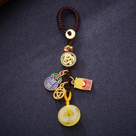 Chinese Style Gold Plated Brass Keychain Beeswax Pingan Buckle Hand Woven Vintage Pendant Car Key Ring For Men Women Gift