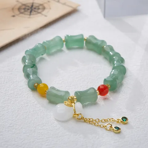 Natural Green Aventurine Bamboo Joint Beaded Bracelet For Women With Red Yellow Agate Money Bag Charm Chinese Vintage Jewelry