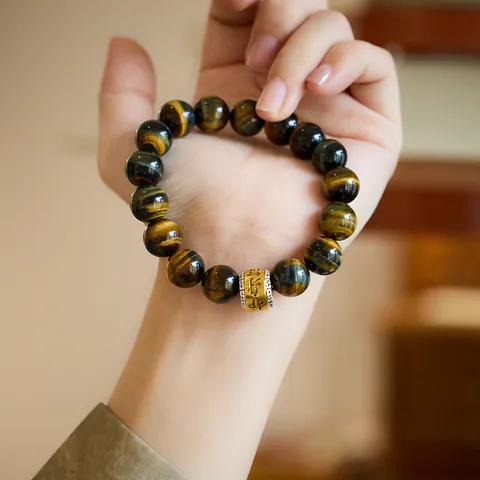 Natural Yellow Blue Tiger's Eye Beaded Bracelet With Alloy Lucky Charm Amulet Bead Handmade Vintage Ethnic Jewelry For Men Women