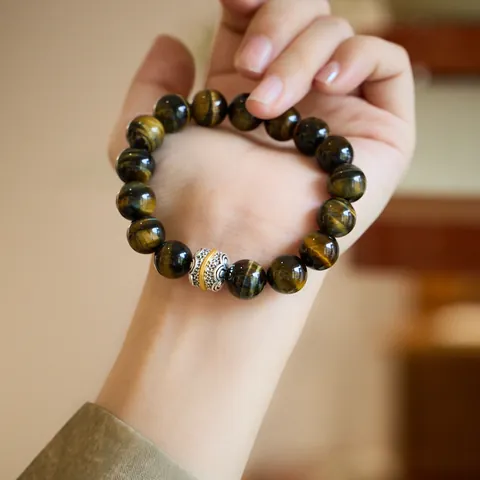 Natural Yellow Blue Tiger's Eye Stone Beaded Bracelet With Alloy Six-Character Mantra Spacer Bead Vintage Ethnic Jewelry