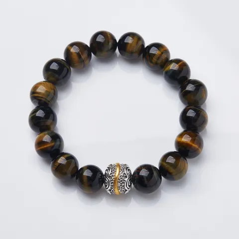 Natural Yellow Blue Tiger's Eye Stone Beaded Bracelet With Alloy Six-Character Mantra Spacer Bead Vintage Ethnic Jewelry