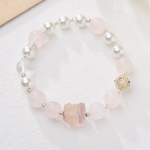 Natural Rose Quartz Fluorite Beaded Bracelet For Women Chinese Style Carved Guardian Lion Charm Shell Pearl Handmade Hand Chain Jewelry Gift