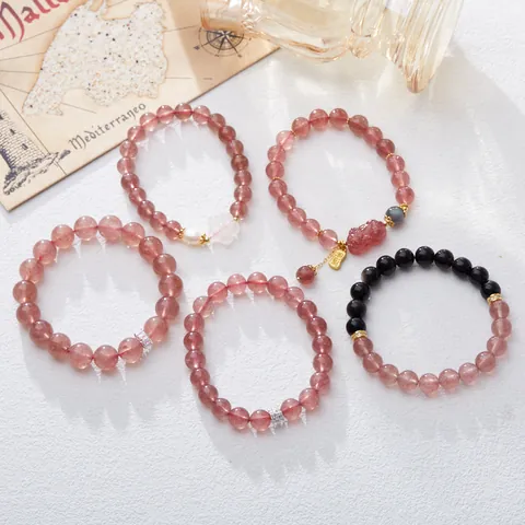 Natural Strawberry Crystal Pixiu Flower Beaded Bracelet Gold Plated Copper Lucky Gemstone Ethnic Jewelry Gift For Women