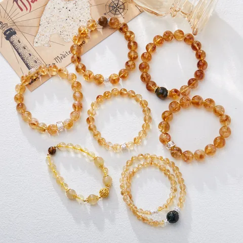 Natural Citrine Beaded Bracelet For Women Yellow Azozeo Quartz Gold Plated Copper Accessory Zirconia Fashion Jewelry Gift